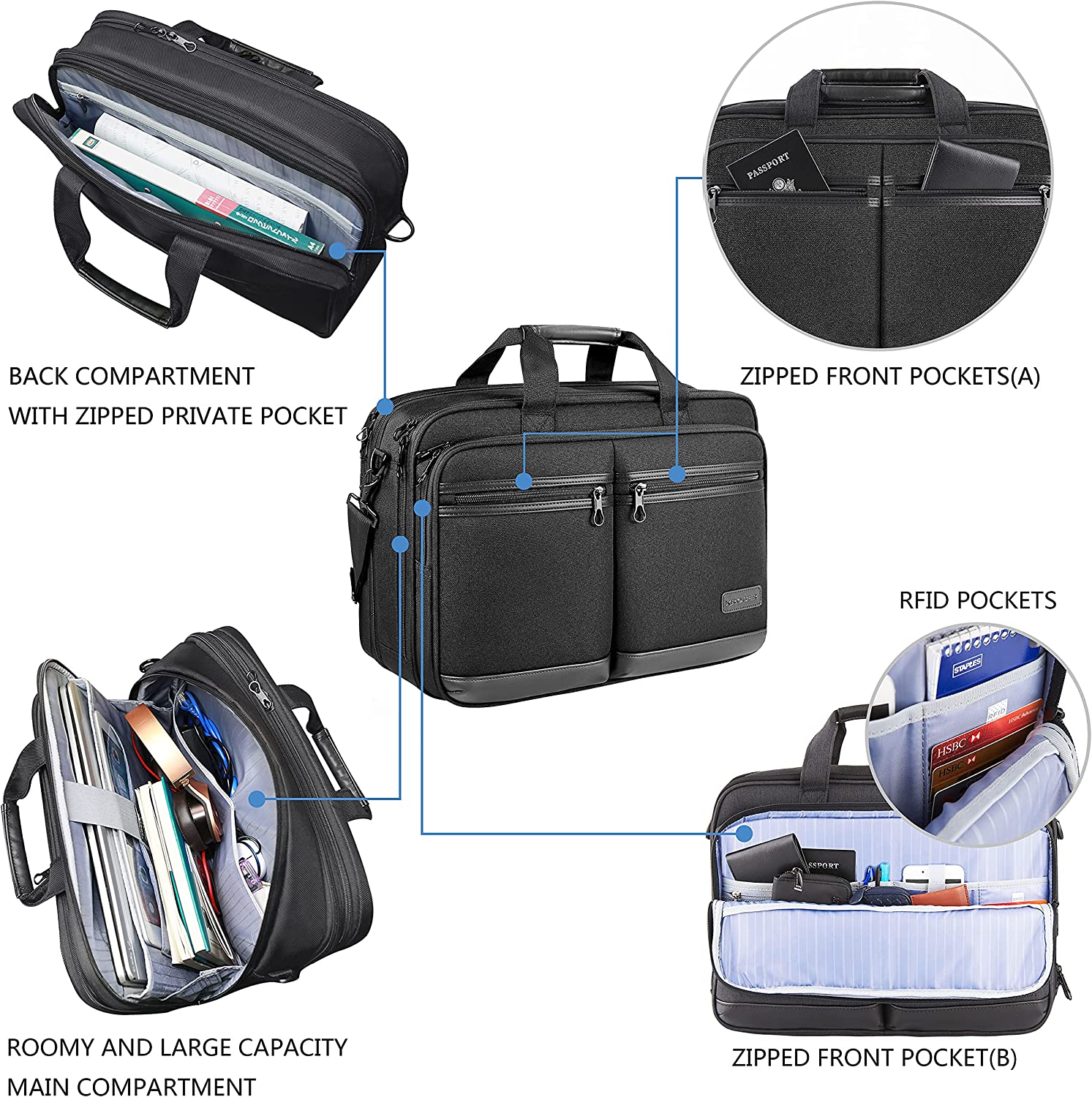 KROSER Laptop Bag Stylish Laptop Briefcase Fits Up to 17.3 Inch Expandable Water-Repellent Shoulder Messenger Bag Computer Bag with RFID Pockets for Business/Travel/School/College/Men/Women-Black - Image 4